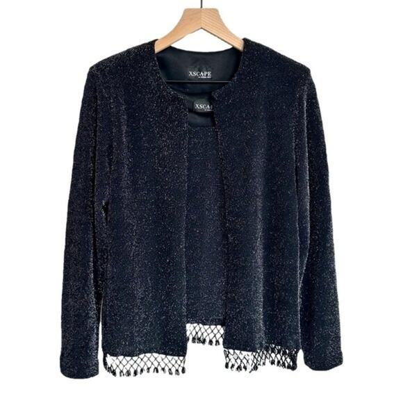 Xscape Two Piece Metallic Black Beaded Fringe Cocktail Set Size L - Picture 1 of 5